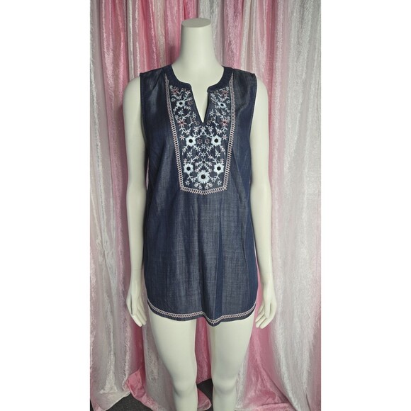 J.Jill Blue Denim Embroidered Floral Chambray Tunic Tank Top Size Small - Picture 2 of 13